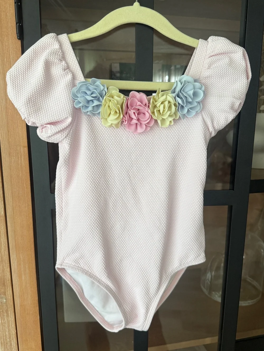 Janie & Jack one piece swimsuit short sleeve puff 3D flowers pastel toddler girl